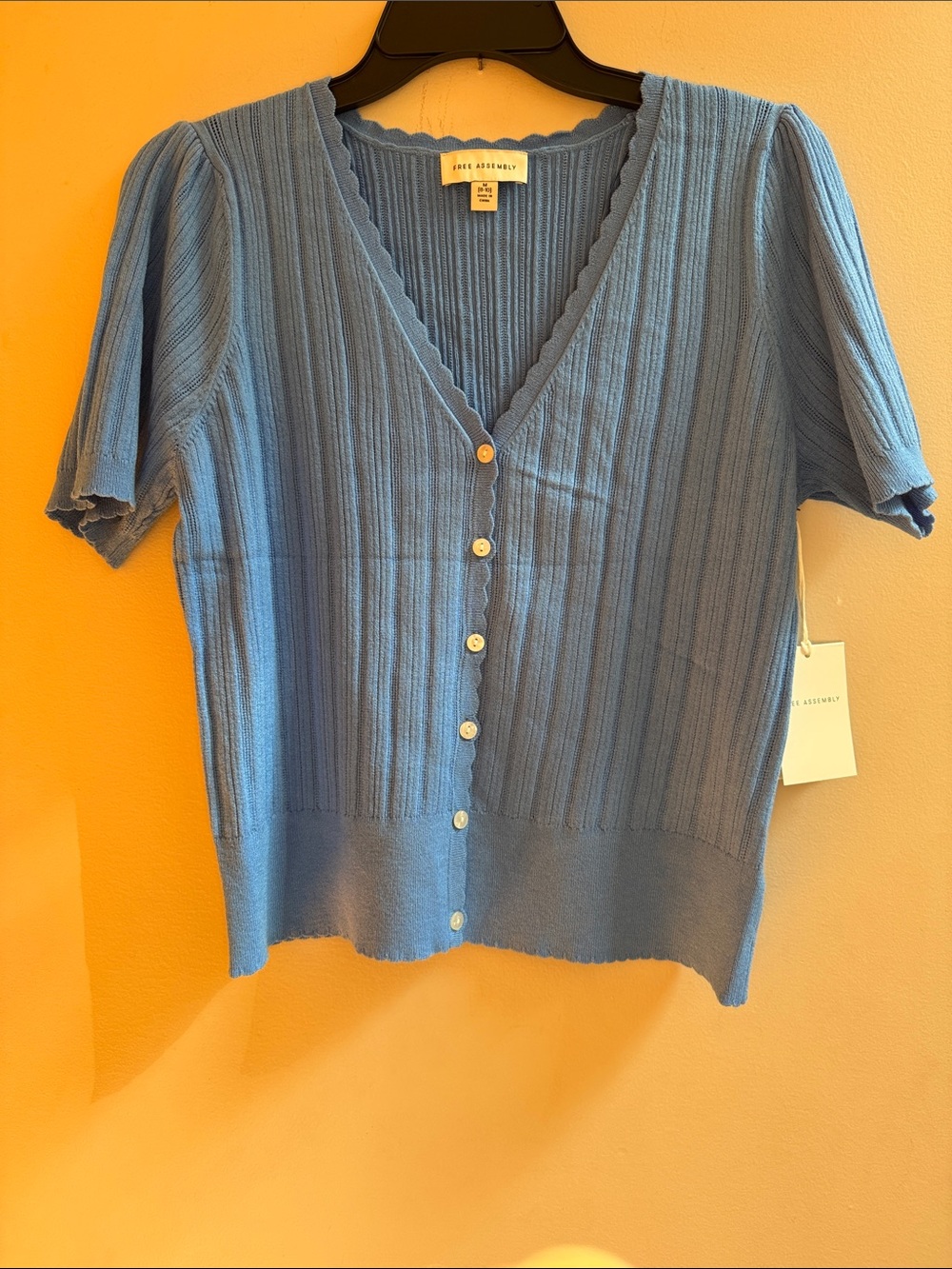 Free Assembly Fine Ribbed V-Neck Button Cardigan - Blue